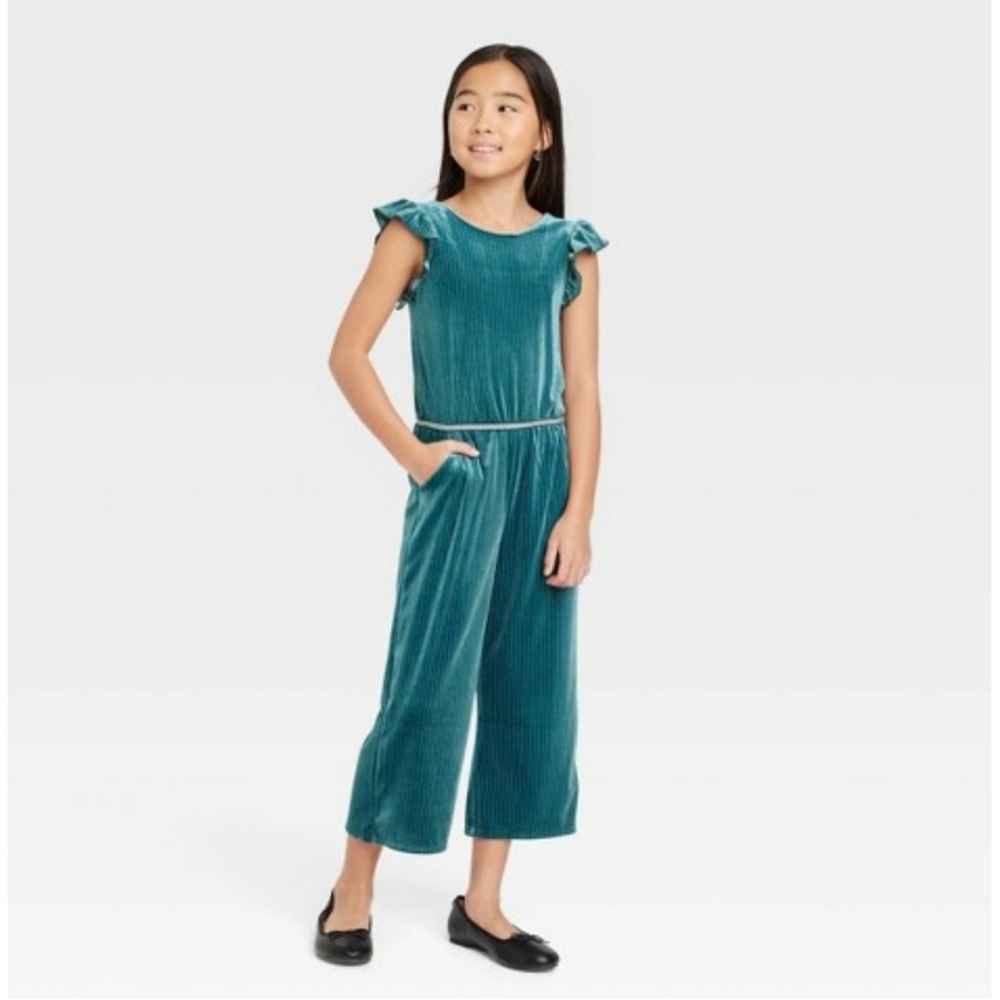 Cat & Jack Girls' Flutter Sleeve Velour Jumpsuit Teal